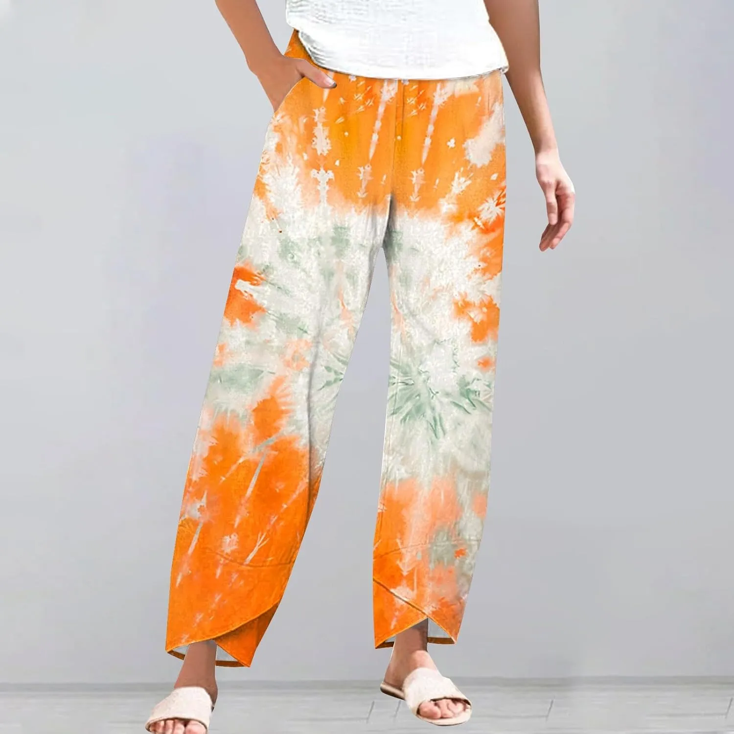 Women's Floral Cotton Linen Trousers High Waisted Straight Leg Comfy Lounge Summer Casual Comfy Boho Cropped Pants