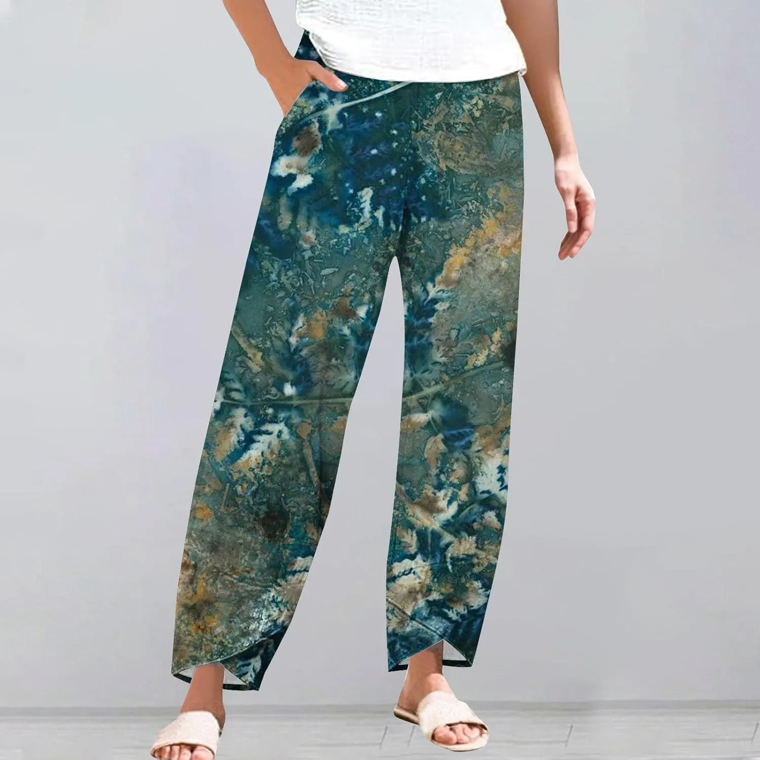 Women's Floral Cotton Linen Trousers High Waisted Straight Leg Comfy Lounge Summer Casual Comfy Boho Cropped Pants
