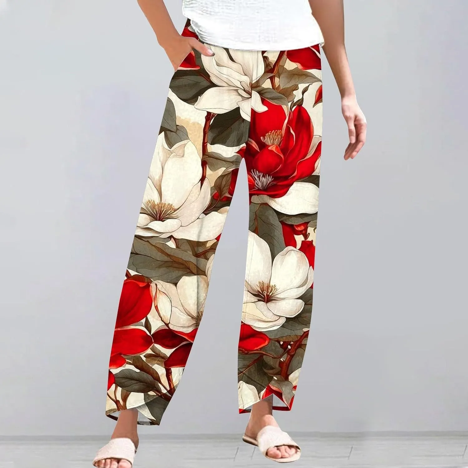 Women's Floral Cotton Linen Trousers High Waisted Straight Leg Comfy Lounge Summer Casual Comfy Boho Cropped Pants