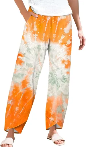 Women's Floral Cotton Linen Trousers High Waisted Straight Leg Comfy Lounge Summer Casual Comfy Boho Cropped Pants