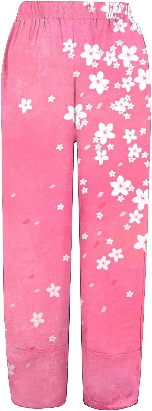 Women's Floral Cotton Linen Trousers High Waisted Straight Leg Comfy Lounge Summer Casual Comfy Boho Cropped Pants