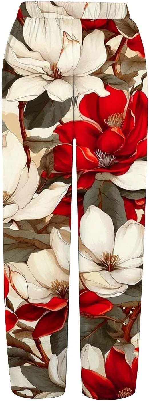 Women's Floral Cotton Linen Trousers High Waisted Straight Leg Comfy Lounge Summer Casual Comfy Boho Cropped Pants