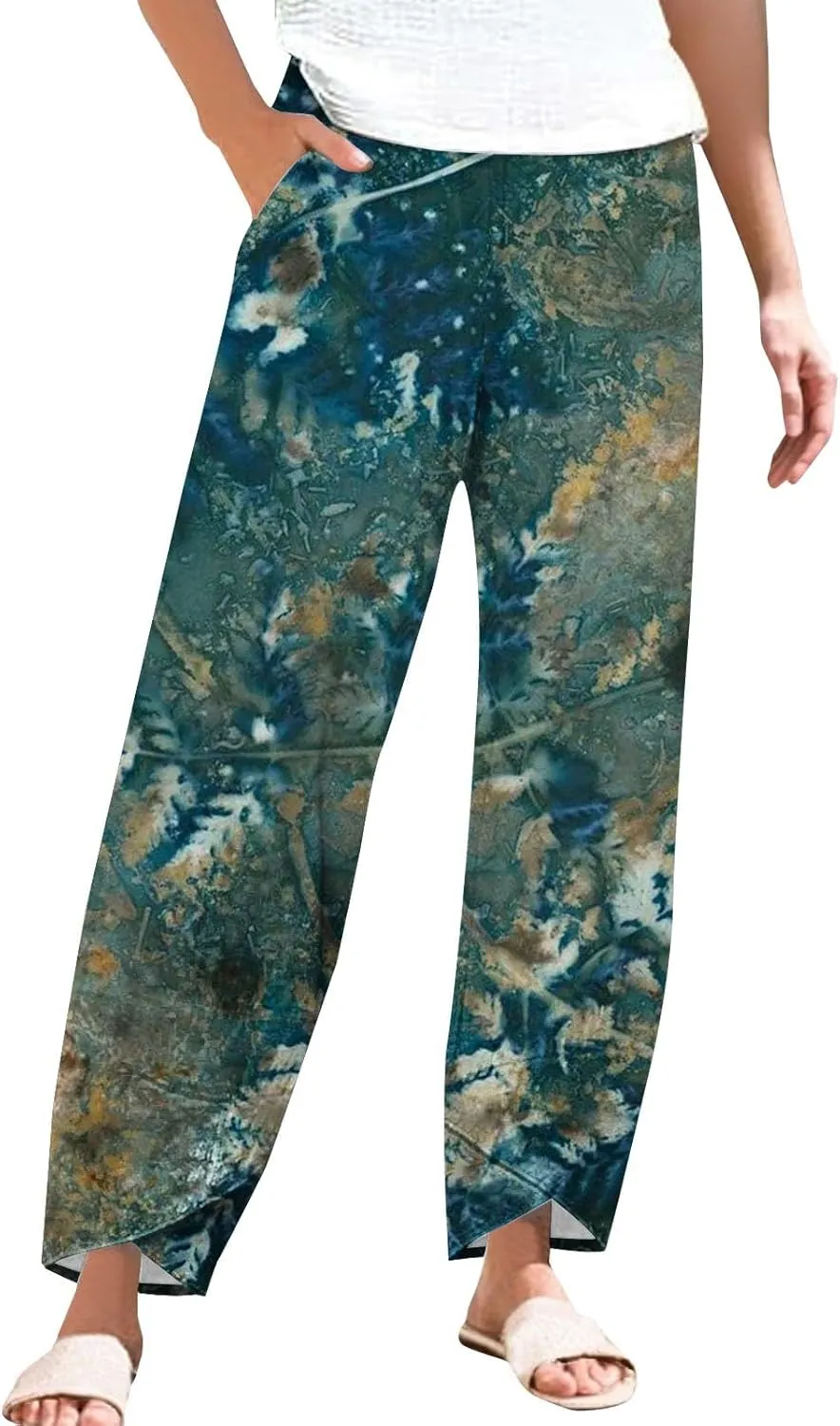 Women's Floral Cotton Linen Trousers High Waisted Straight Leg Comfy Lounge Summer Casual Comfy Boho Cropped Pants