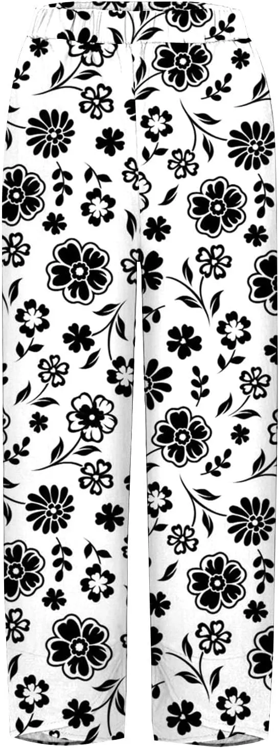 Women's Floral Cotton Linen Trousers High Waisted Straight Leg Comfy Lounge Summer Casual Comfy Boho Cropped Pants
