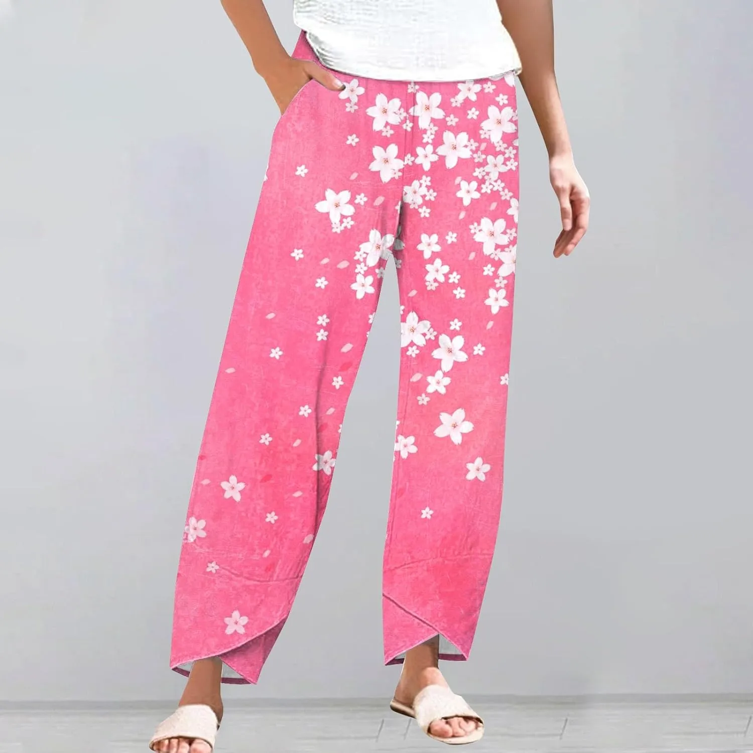 Women's Floral Cotton Linen Trousers High Waisted Straight Leg Comfy Lounge Summer Casual Comfy Boho Cropped Pants