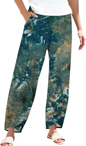 Women's Floral Cotton Linen Trousers High Waisted Straight Leg Comfy Lounge Summer Casual Comfy Boho Cropped Pants
