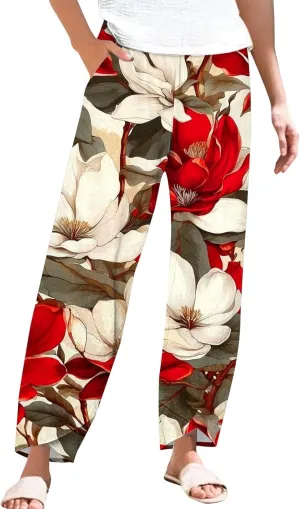Women's Floral Cotton Linen Trousers High Waisted Straight Leg Comfy Lounge Summer Casual Comfy Boho Cropped Pants