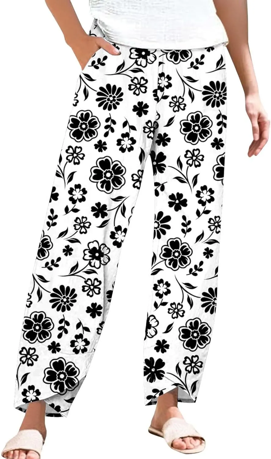 Women's Floral Cotton Linen Trousers High Waisted Straight Leg Comfy Lounge Summer Casual Comfy Boho Cropped Pants