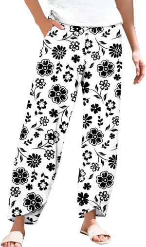 Women's Floral Cotton Linen Trousers High Waisted Straight Leg Comfy Lounge Summer Casual Comfy Boho Cropped Pants