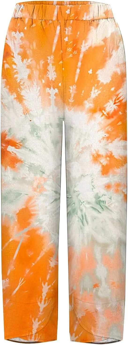 Women's Floral Cotton Linen Trousers High Waisted Straight Leg Comfy Lounge Summer Casual Comfy Boho Cropped Pants