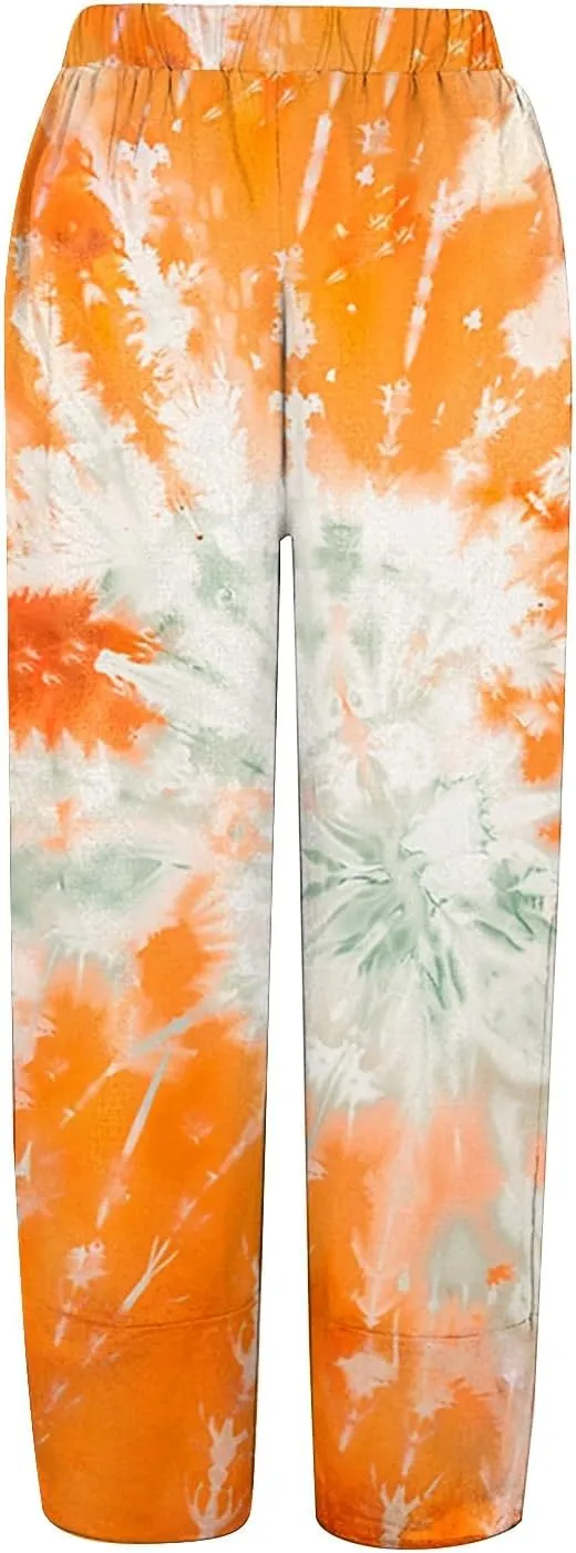 Women's Floral Cotton Linen Trousers High Waisted Straight Leg Comfy Lounge Summer Casual Comfy Boho Cropped Pants