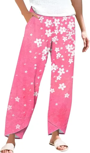 Women's Floral Cotton Linen Trousers High Waisted Straight Leg Comfy Lounge Summer Casual Comfy Boho Cropped Pants