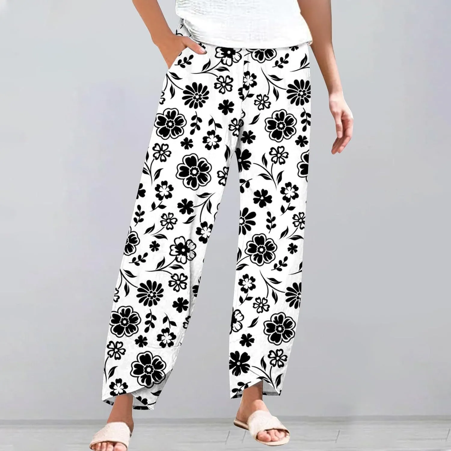 Women's Floral Cotton Linen Trousers High Waisted Straight Leg Comfy Lounge Summer Casual Comfy Boho Cropped Pants