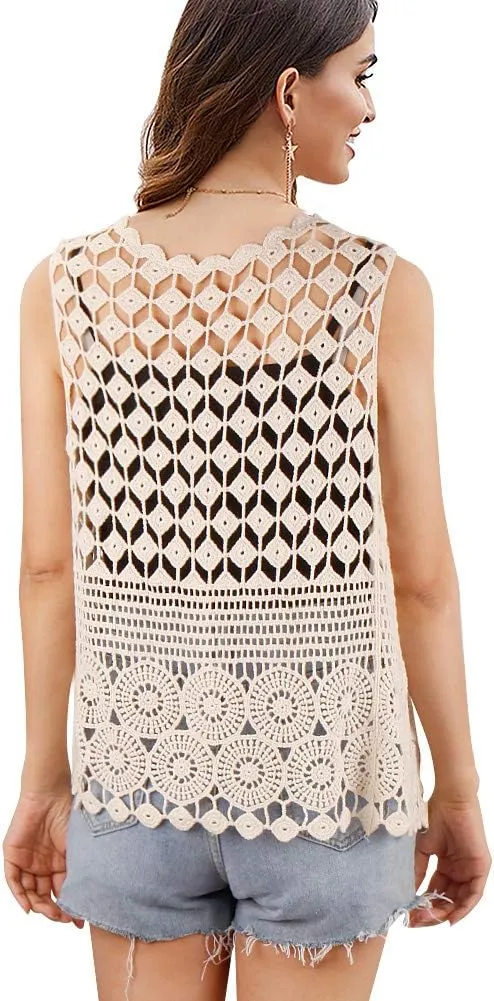 Womens Floral Crochet Lace Boho Trim Sleeveless Open Front Vest Cardigan