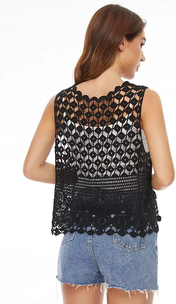 Womens Floral Crochet Lace Boho Trim Sleeveless Open Front Vest Cardigan