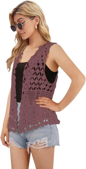 Womens Floral Crochet Lace Boho Trim Sleeveless Open Front Vest Cardigan