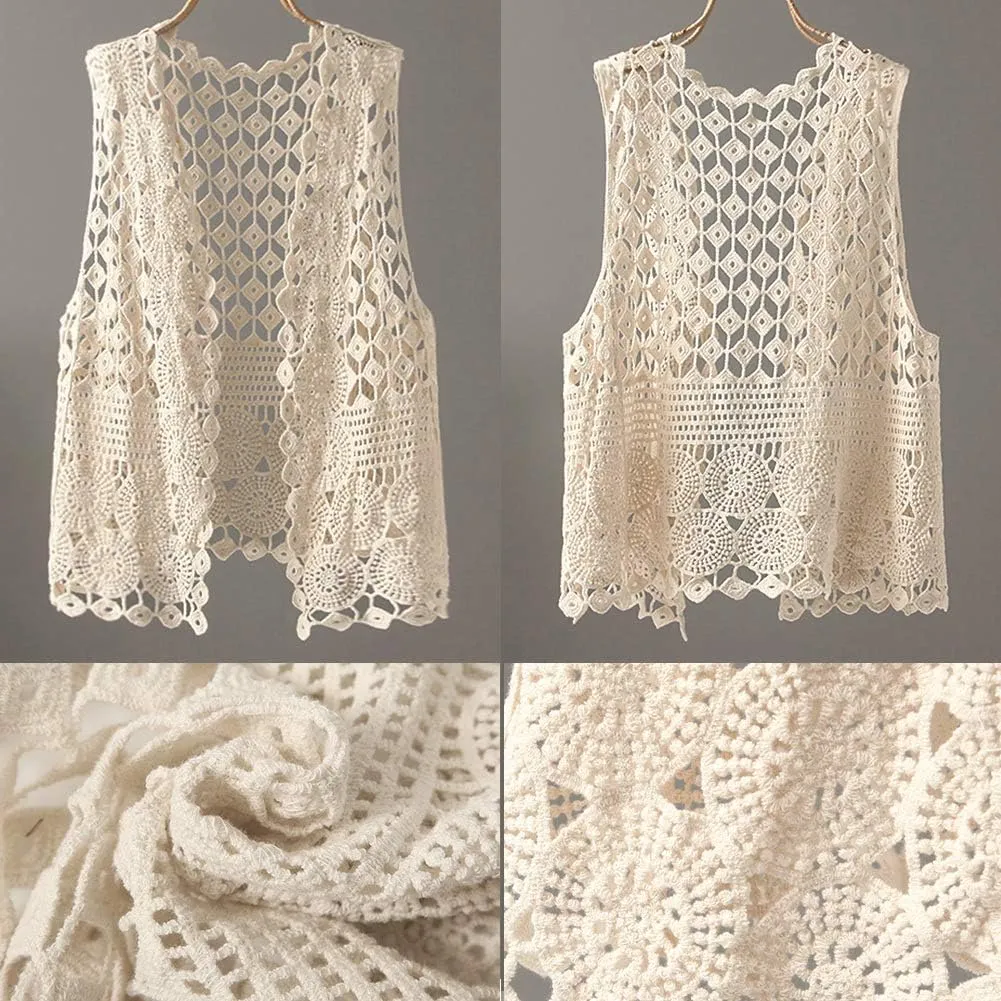 Womens Floral Crochet Lace Boho Trim Sleeveless Open Front Vest Cardigan