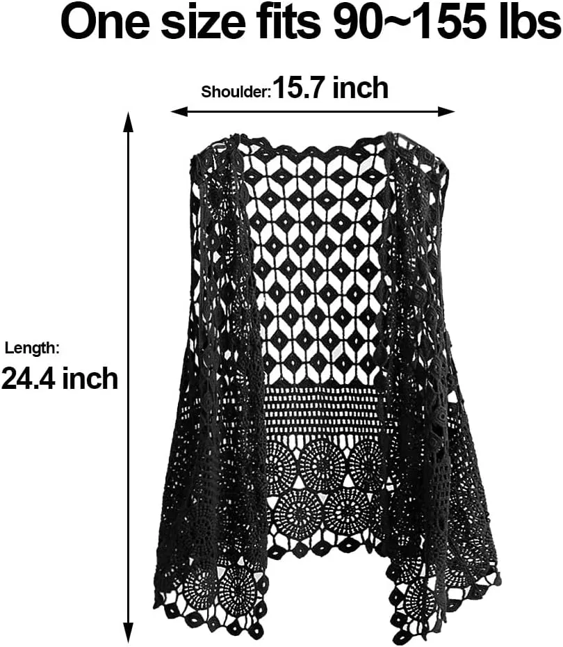 Womens Floral Crochet Lace Boho Trim Sleeveless Open Front Vest Cardigan