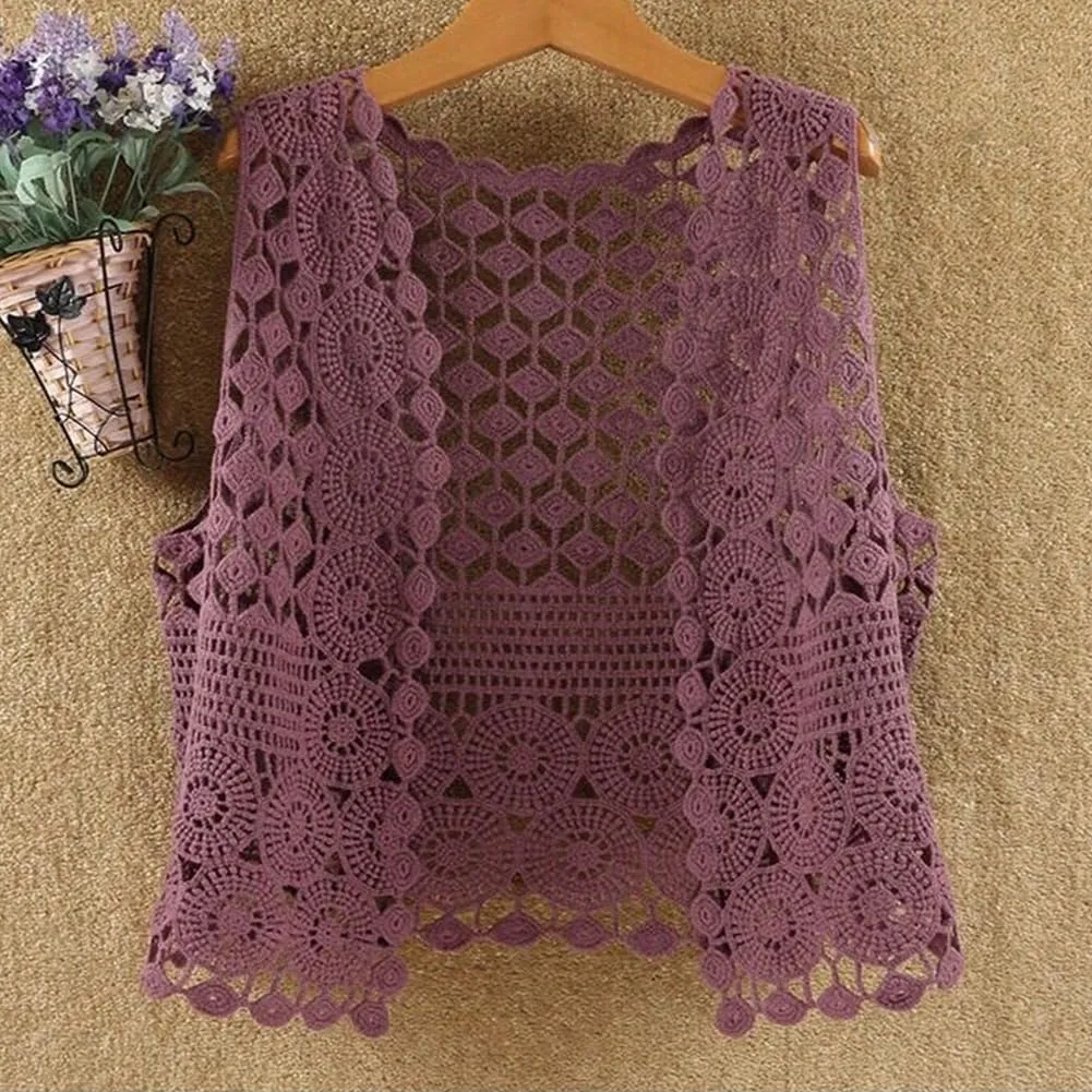 Womens Floral Crochet Lace Boho Trim Sleeveless Open Front Vest Cardigan
