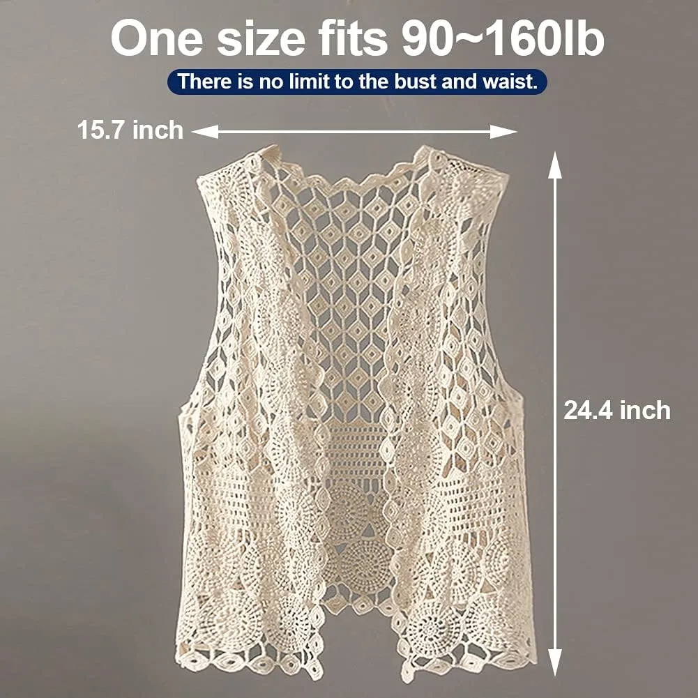 Womens Floral Crochet Lace Boho Trim Sleeveless Open Front Vest Cardigan