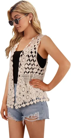 Womens Floral Crochet Lace Boho Trim Sleeveless Open Front Vest Cardigan