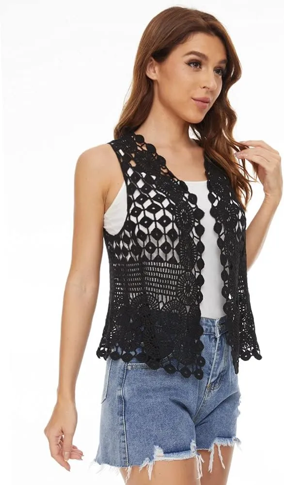 Womens Floral Crochet Lace Boho Trim Sleeveless Open Front Vest Cardigan