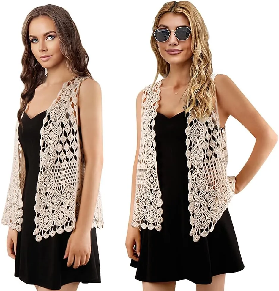 Womens Floral Crochet Lace Boho Trim Sleeveless Open Front Vest Cardigan