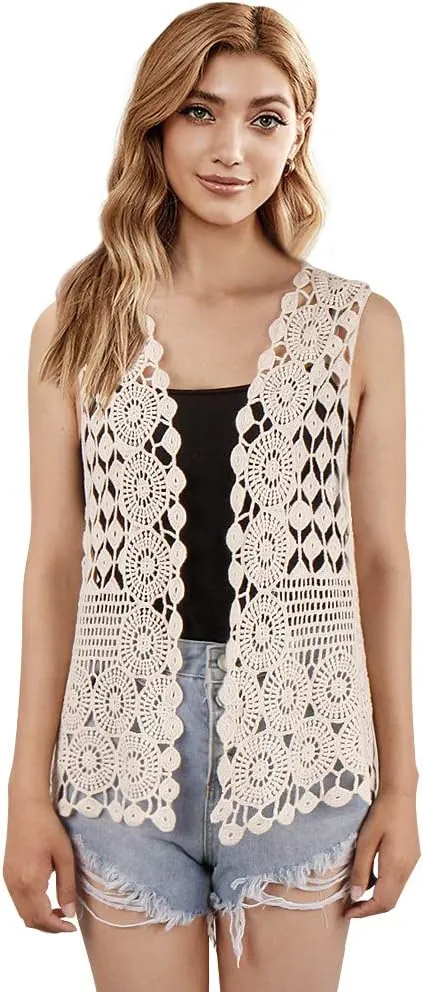 Womens Floral Crochet Lace Boho Trim Sleeveless Open Front Vest Cardigan