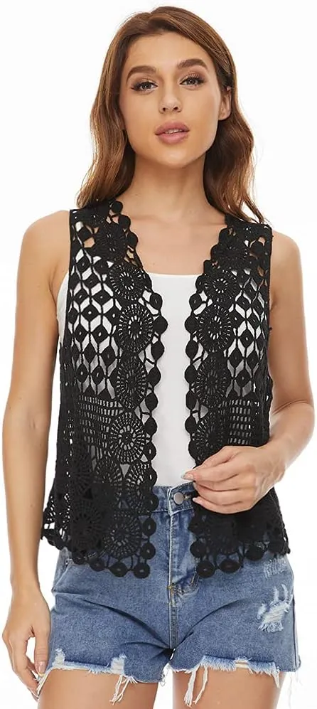 Womens Floral Crochet Lace Boho Trim Sleeveless Open Front Vest Cardigan