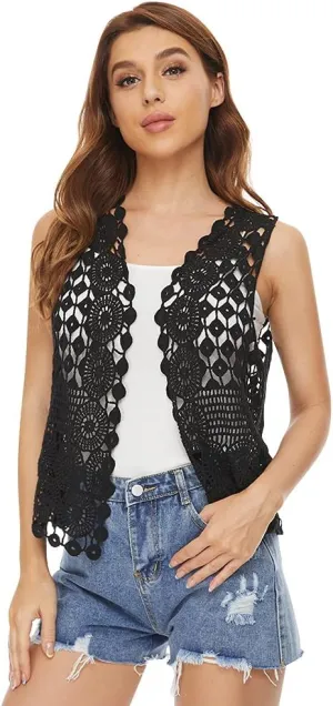 Womens Floral Crochet Lace Boho Trim Sleeveless Open Front Vest Cardigan