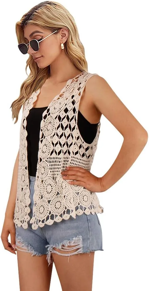 Womens Floral Crochet Lace Boho Trim Sleeveless Open Front Vest Cardigan