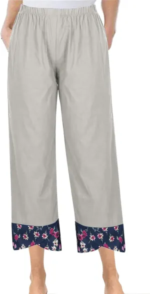 Women's Floral Print Patchwork Cotton Linen Pants, Summer Elastic Waist Wide Leg Casual Trousers Comfy Breathable
