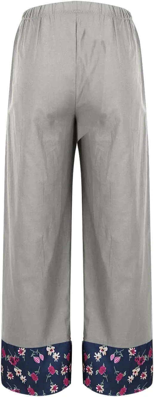 Women's Floral Print Patchwork Cotton Linen Pants, Summer Elastic Waist Wide Leg Casual Trousers Comfy Breathable