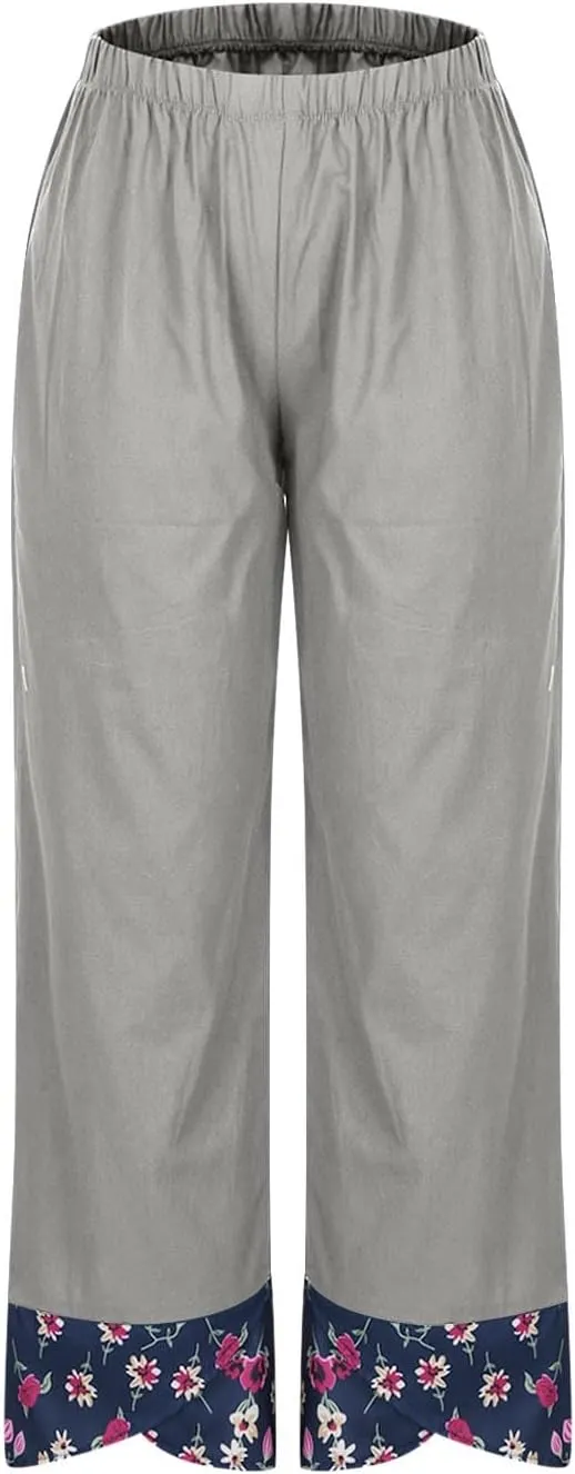 Women's Floral Print Patchwork Cotton Linen Pants, Summer Elastic Waist Wide Leg Casual Trousers Comfy Breathable