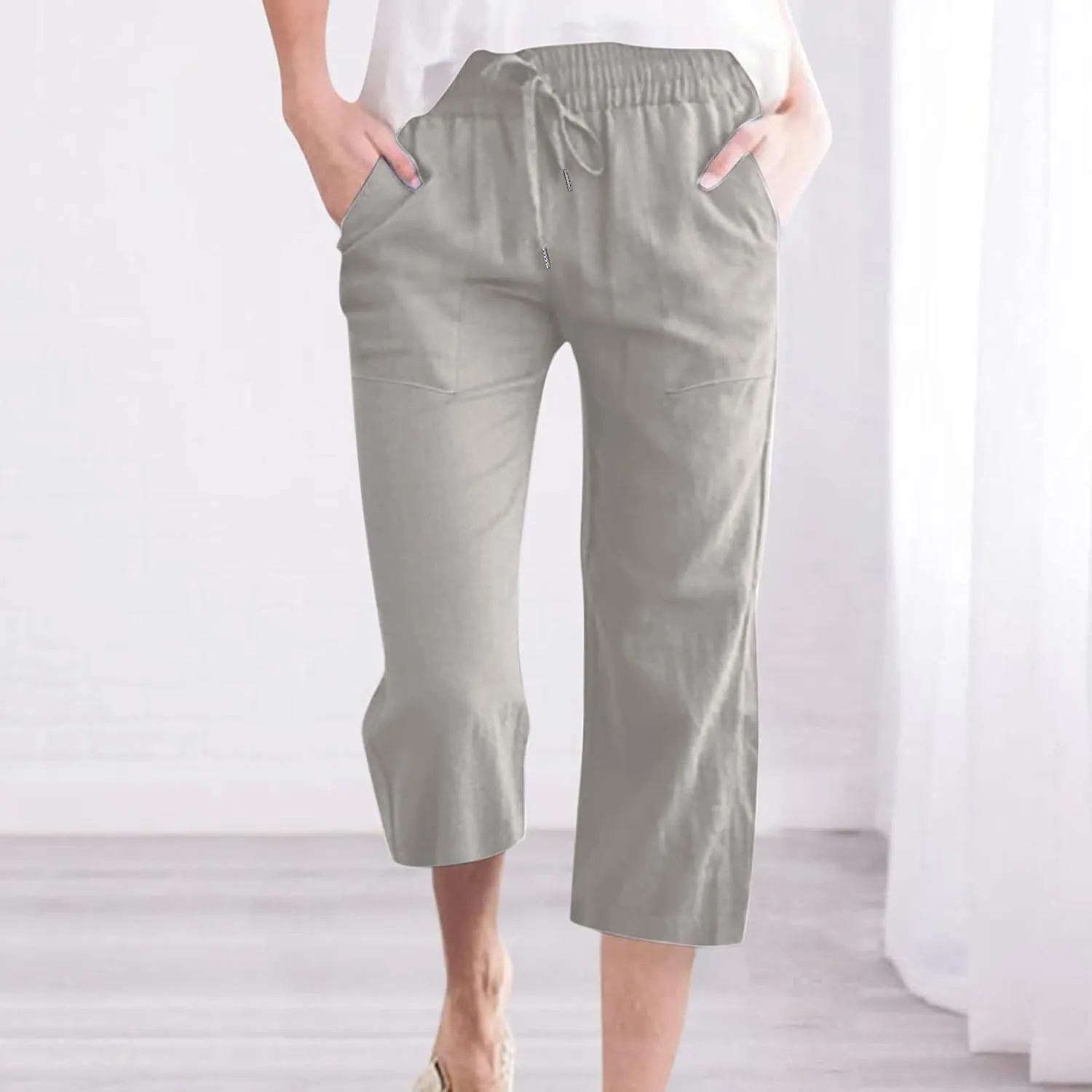 Womens Linen Capri Pants Summer Casual Capris with Pockets Comfy Palazzo Short Trousers High Waisted Cropped Pants