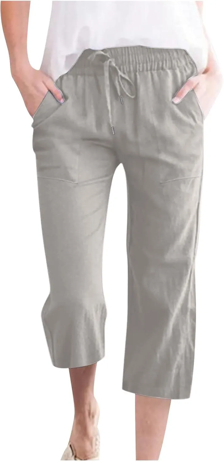 Womens Linen Capri Pants Summer Casual Capris with Pockets Comfy Palazzo Short Trousers High Waisted Cropped Pants