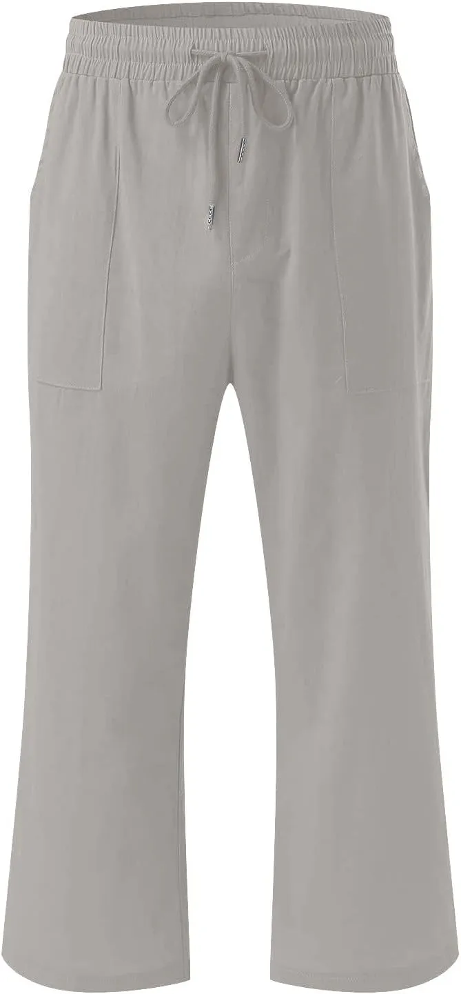 Womens Linen Capri Pants Summer Casual Capris with Pockets Comfy Palazzo Short Trousers High Waisted Cropped Pants