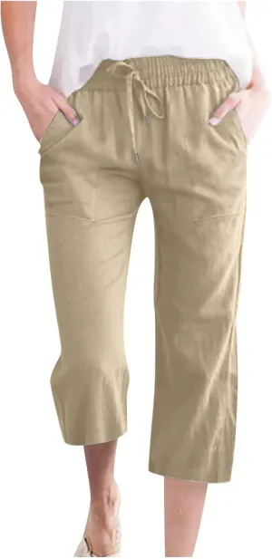 Womens Linen Capri Pants Summer Casual Capris with Pockets Comfy Palazzo Short Trousers High Waisted Cropped Pants