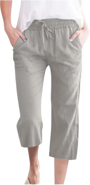 Womens Linen Capri Pants Summer Casual Capris with Pockets Comfy Palazzo Short Trousers High Waisted Cropped Pants