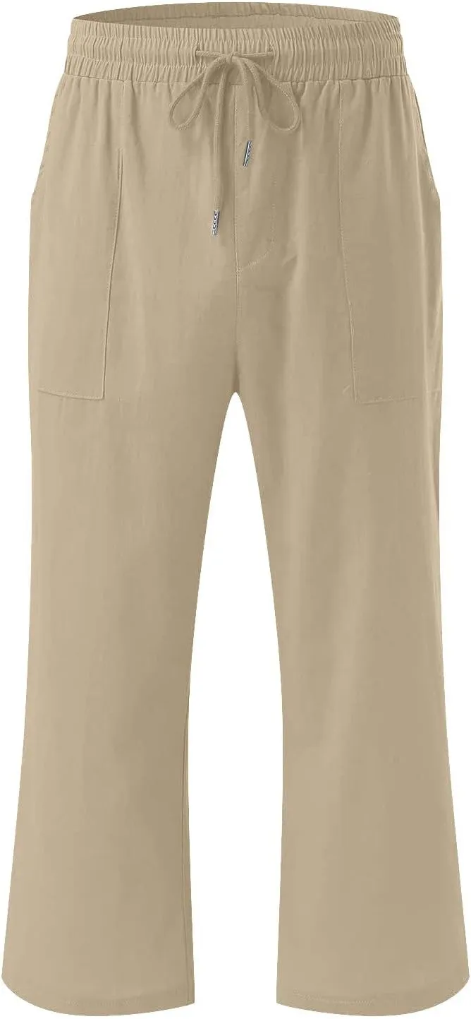 Womens Linen Capri Pants Summer Casual Capris with Pockets Comfy Palazzo Short Trousers High Waisted Cropped Pants