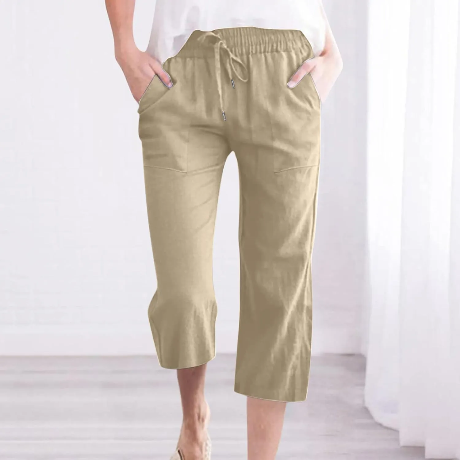 Womens Linen Capri Pants Summer Casual Capris with Pockets Comfy Palazzo Short Trousers High Waisted Cropped Pants
