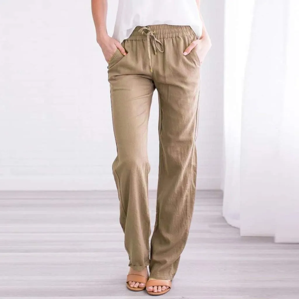 Womens Linen Pants Casual Straight Pants Drawstring Elastic Waist Long Pants Plus Size Comfy Summer Jogger Trousers
