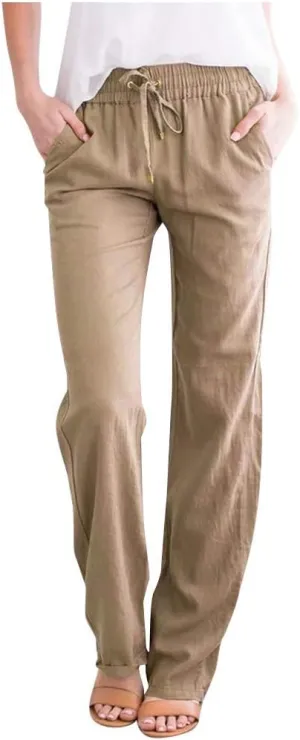Womens Linen Pants Casual Straight Pants Drawstring Elastic Waist Long Pants Plus Size Comfy Summer Jogger Trousers