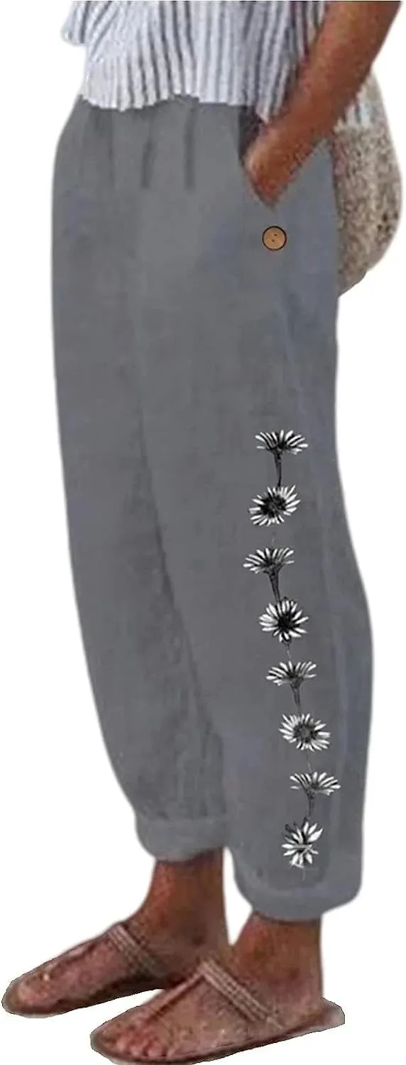 Womens Linen Pants with Pockets Loose Elastic High Waisted Comfy Beach Trousers Summer Lightweight Embroidered Casual Pants