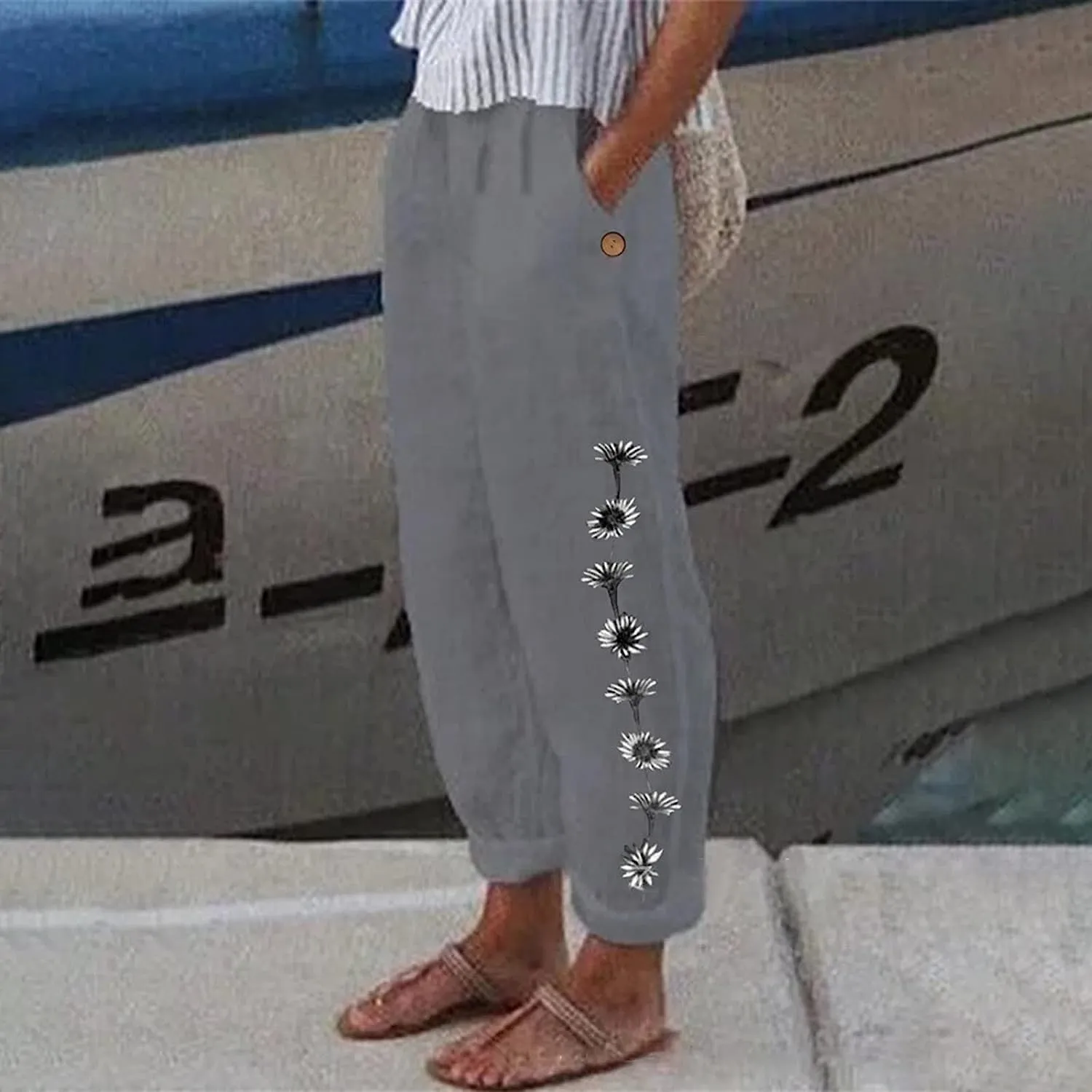 Womens Linen Pants with Pockets Loose Elastic High Waisted Comfy Beach Trousers Summer Lightweight Embroidered Casual Pants