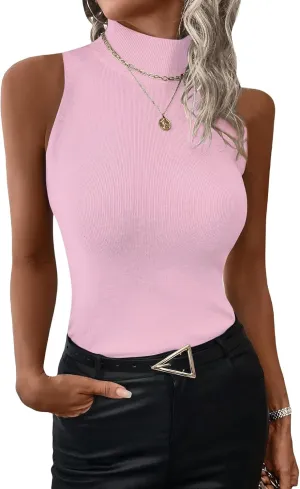 Women's Mock Turtle Neck Tank Tops Slim Fit Ribbed Knit Sleeveless Tops Casual Cami Vest Shirts