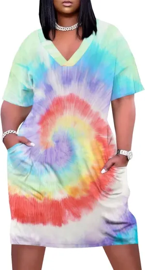 Women's Plus Size Dress Summer Curvy Casual Tie-Dye Short Sleeve V-Neck T Shirt Loose Midi Dresses