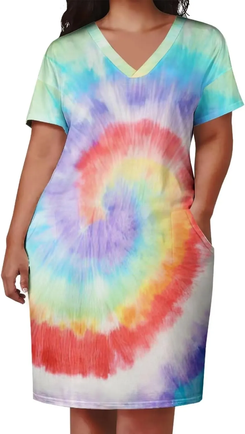 Women's Plus Size Dress Summer Curvy Casual Tie-Dye Short Sleeve V-Neck T Shirt Loose Midi Dresses