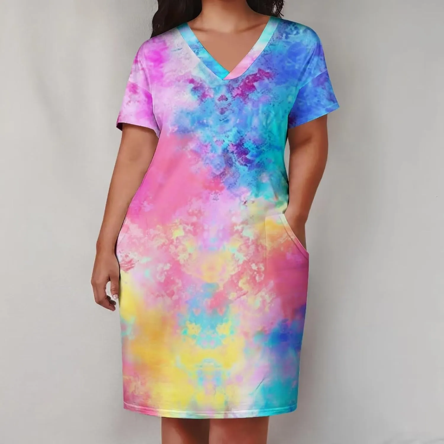 Women's Plus Size Dress Summer Curvy Casual Tie-Dye Short Sleeve V-Neck T Shirt Loose Midi Dresses