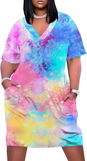 Women's Plus Size Dress Summer Curvy Casual Tie-Dye Short Sleeve V-Neck T Shirt Loose Midi Dresses